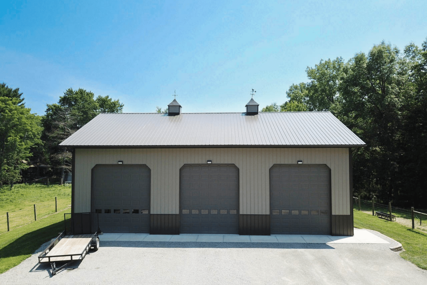40x100 gray garage pole barn kit with gray three garages