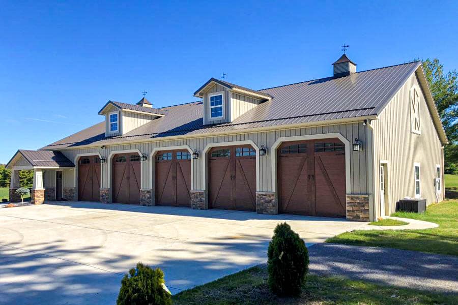 Brown 48x80 Pole Barn Garage Kits with five garage doors
