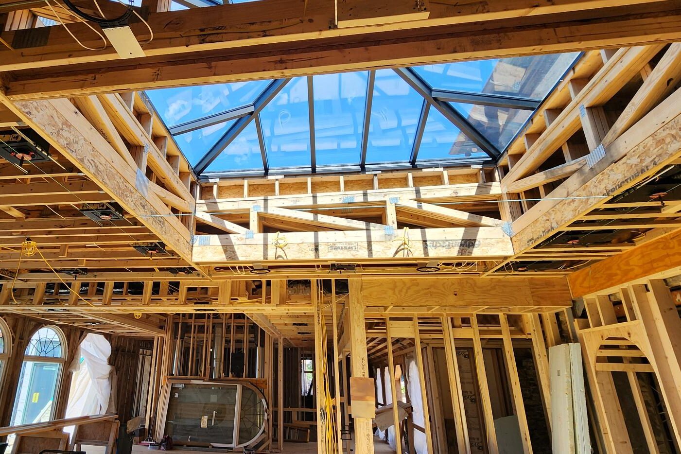 interior view of roof truss on an ongoing construction project