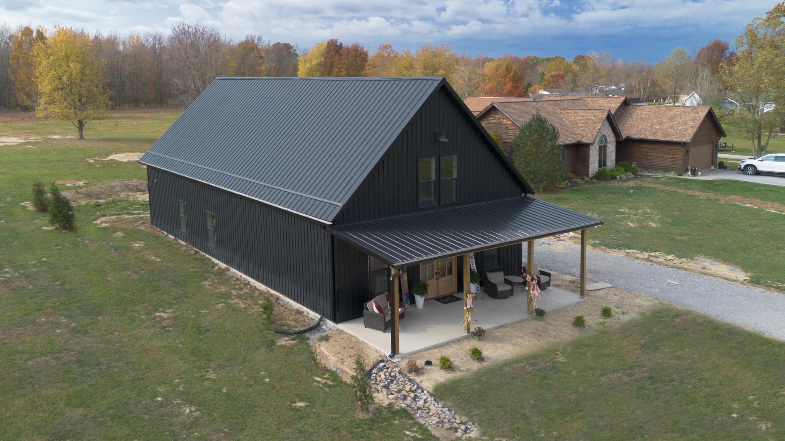 black barndominium aerial corner view 45x45 barndominiums for sale in ohio