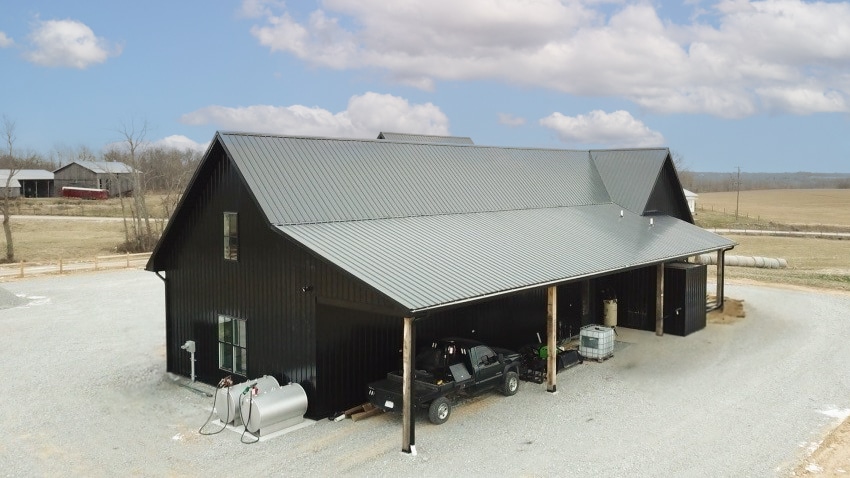 black barndominium just finished aerial corner view 45x45 barndominiums for sale in ohio