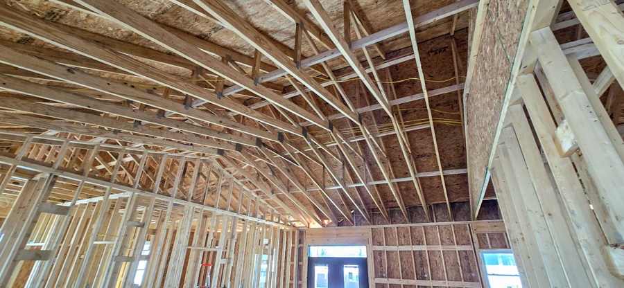 close up of roof trusses inside home in west union oH