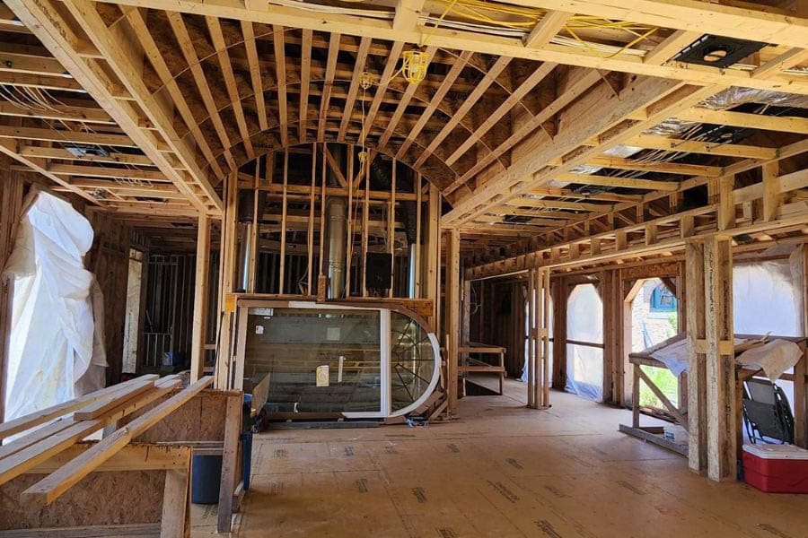 Exposed truss inside of a 20x48 barndominium under construction