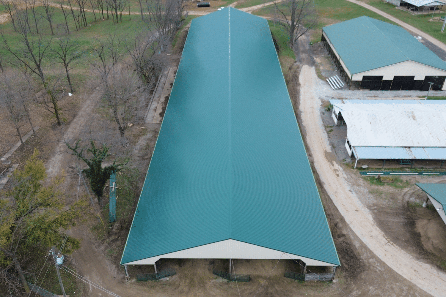 aerial view of green metal roof on 42x64 agricultural pole barn