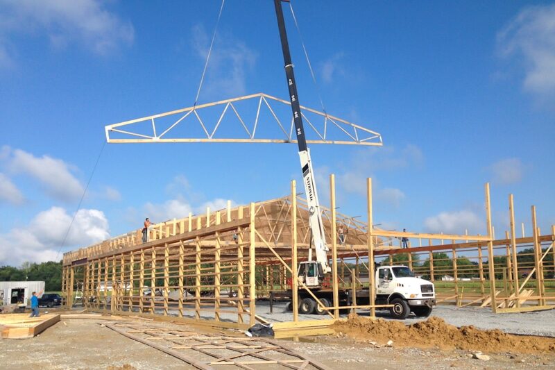 pole barn kit being assembled by contractors in Bainbridge Ohio