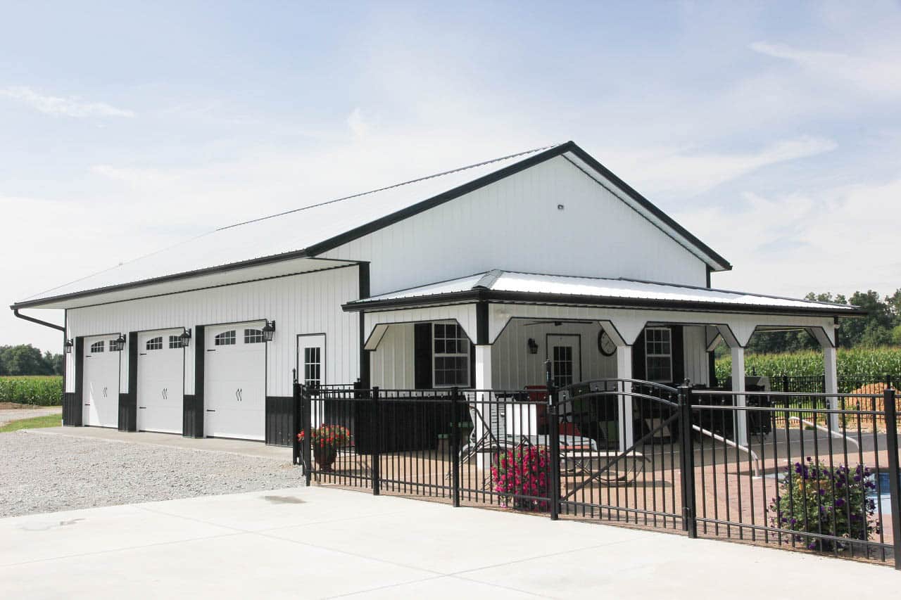 white c-loc metal panels on a three car pole barn garage in Waverly OH