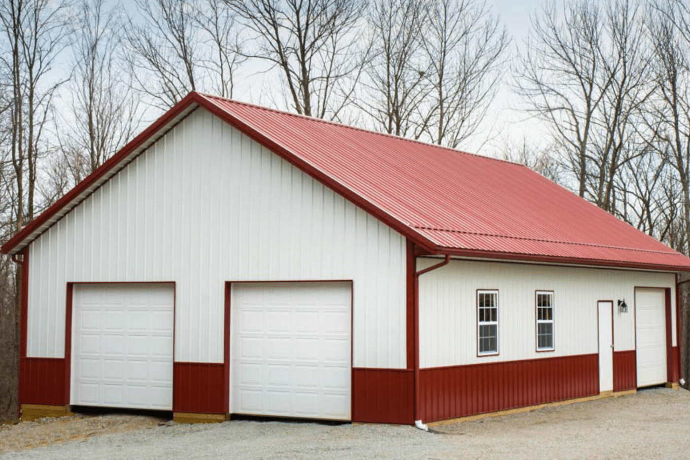 white with red roof and two garages 40 x40commercial pole barn kit in oh